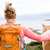 Woman hiking walking with dog on sea landscape stock photo © blasbike