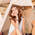 Beautiful brunette hippie girl sitting at tent with eyes closed stock photo © deandrobot