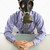 człowiek · maska · biznesmen · posiedzenia · biały - zdjęcia stock © iofoto