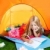 Children girl writing notebook in camping tent with flowers stock photo © lunamarina
