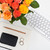 Feminine white desk workspace with flowers, startup concept stock photo © manera