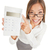 Accountant gleeful woman pointing to a calculator stock photo © Maridav