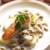 baked salmon on champignons, onion and olives stock photo © phbcz