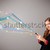pretty young lady standing and holding a phone with colorful abstract lines and arrows stock photo © ra2studio