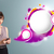 Pretty young woman holding a phone and presenting abstract speech bubble copy space stock photo © ra2studio